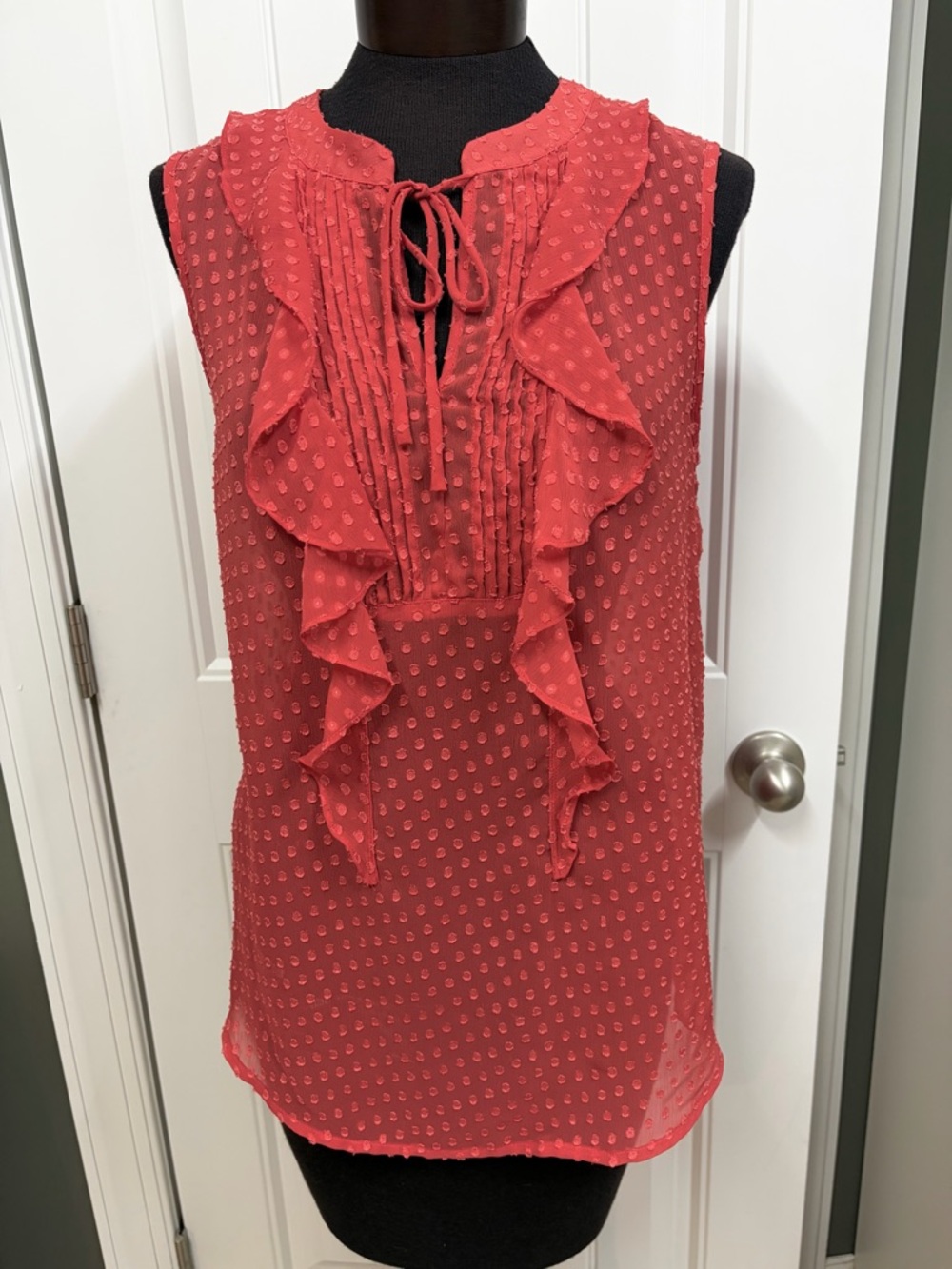 LOFT Coral Ruffle Tie-Neck Sleeveless Blouse